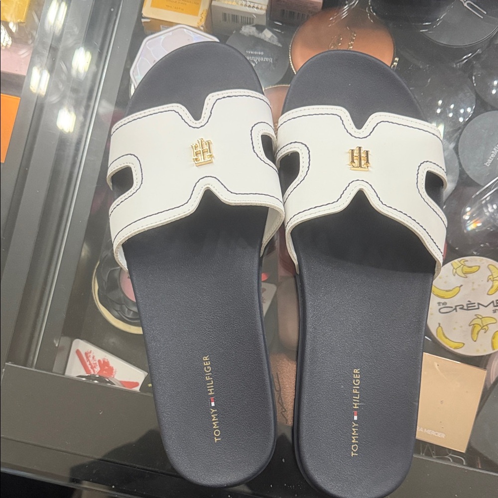 Tommy Hilfiger Navy and White Slide Sandals with Gold Logo